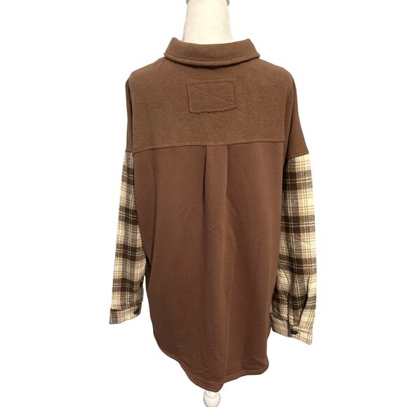 Papermoon Shacket Women’s Size Large Brown Plaid Sleeves & Pockets Mix Media NWT - Picture 5 of 8
